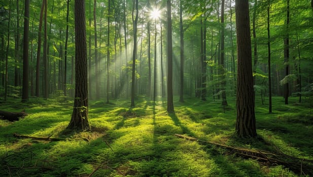 Morning in the green forest with sunbeams and rays of light