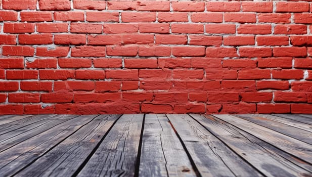 Wooden floor meets a textured red brick wall