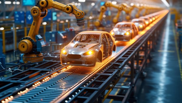 Robots assembling cars in automated factory