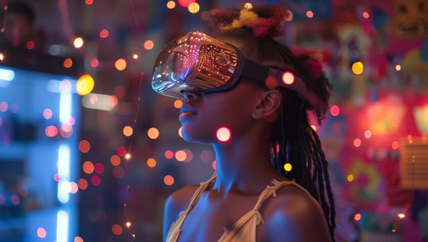 Young african american woman wearing virtual reality goggles