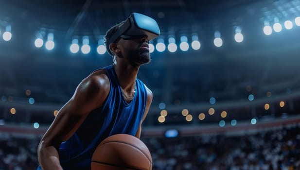 Man in VR headset plays basketball in arena