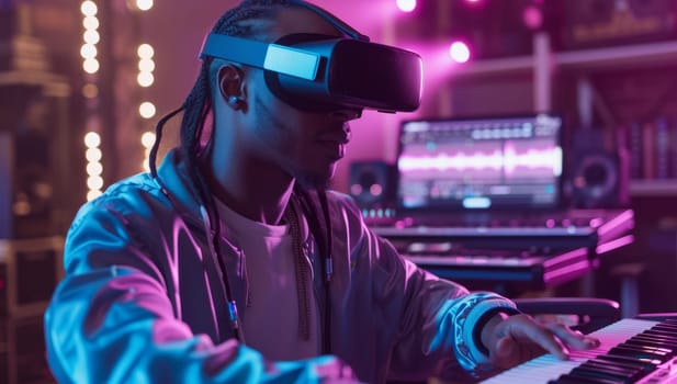 African american man in virtual reality headset playing music at night club