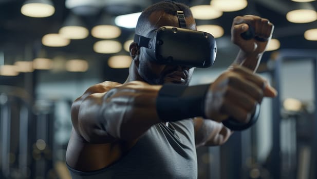 African american man using virtual reality headset while working out in gym