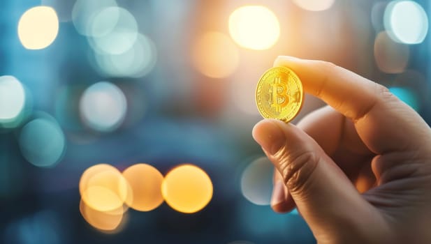 Golden bitcoin coin in hand on bokeh light background. Cryptocurrency concept.