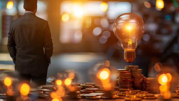 Man and light bulb above coins illustrating a business idea