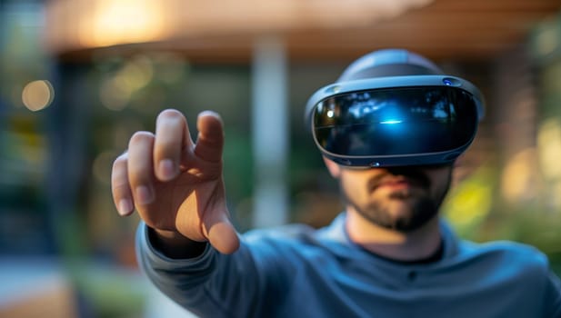 Young man wearing virtual reality goggles. Selective focus on hand.