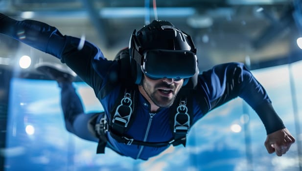 Portrait of a male skydiver wearing virtual reality goggles.