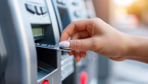 Close up of woman's hand inserting credit card into ATM machine.
