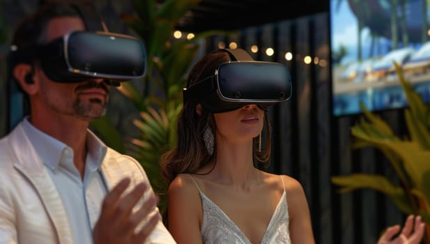 couple with virtual reality headset on the background of palm trees.