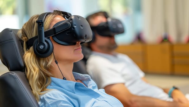 Man and woman using virtual reality headset in a medical office. Focus on woman