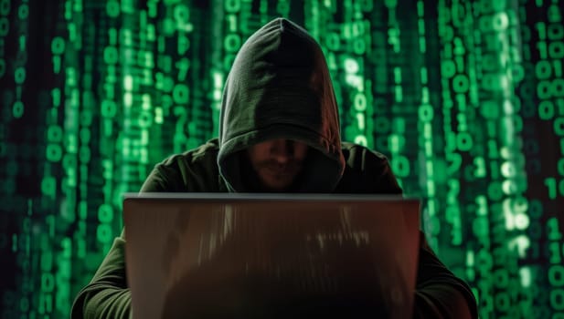 Hooded hacker using laptop against green binary code on black background