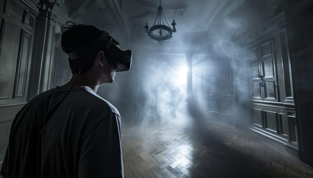 Man wearing virtual reality goggles in a dark room. 3d rendering