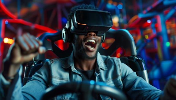 Young african american man in virtual reality headset having fun in amusement park