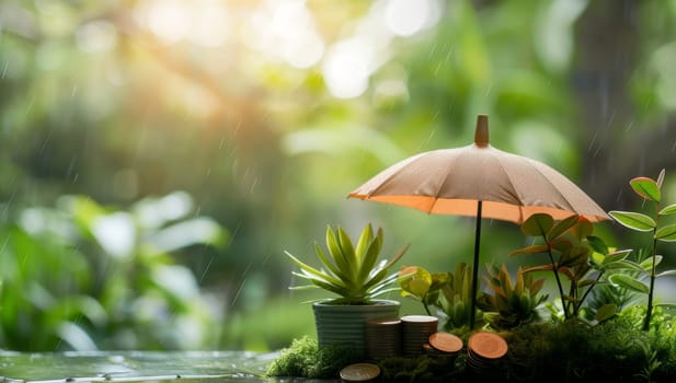 A small umbrella shelters a green plant and stacked coins amidst a gentle rain.