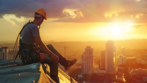 Worker sitting on the roof of the building and looking at the sunset