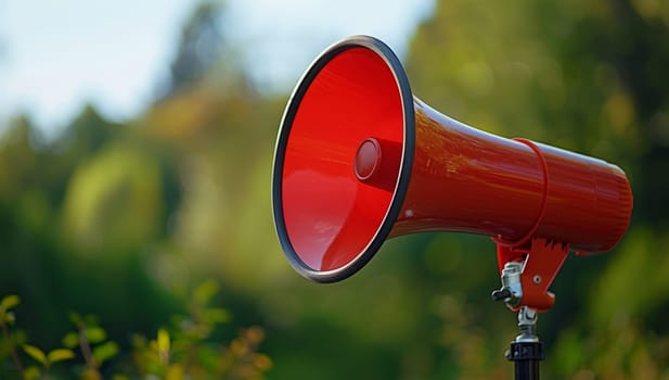 Red megaphone in natural outdoor setting