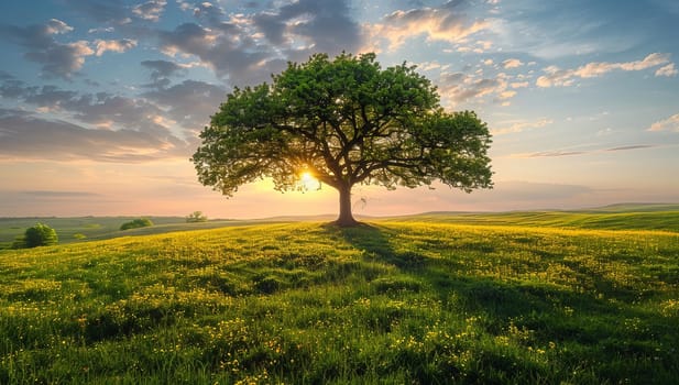 Beautiful summer landscape with lonely tree on green meadow at sunset