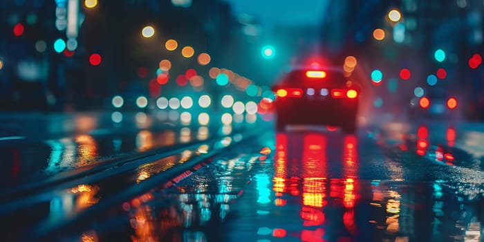 Red car on the road in the city at night. Motion blur