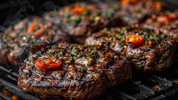 Grilled beef steaks with chili peppers and herbs on the grill