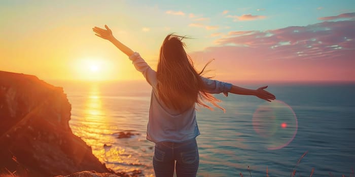 Young woman with raised hands standing on a cliff and looking at the sea at sunset