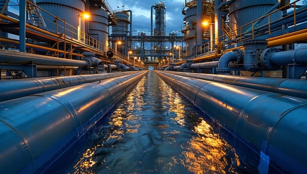 Industrial zone, Steel pipelines and cables in petrochemical plant