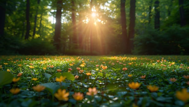 Sunset in the forest. Sunlight through the trees and flowers.