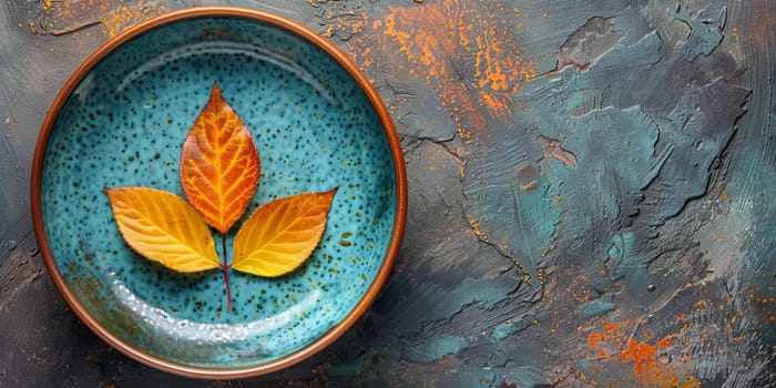 Autumn leaves on a blue plate on a textured background