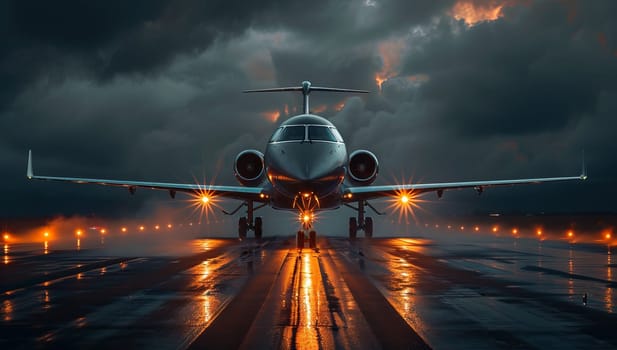 Airplane on the runway at night with dramatic clouds.