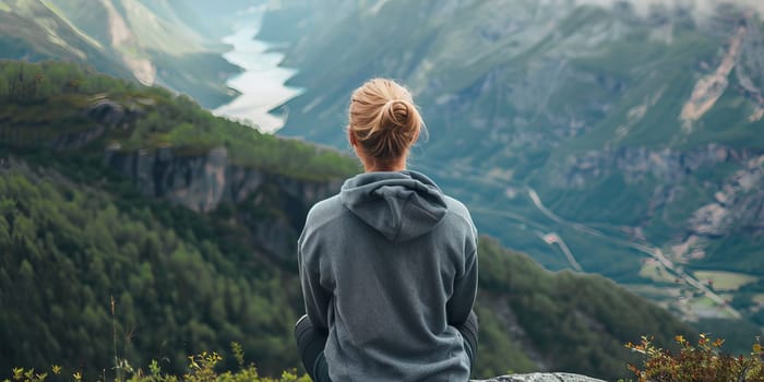 Back view of young woman looking at beautiful landscape in the mountains.