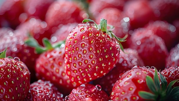 Close up of fresh, ripe strawberries with water droplets