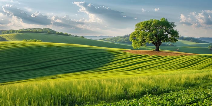 Breathtaking view of lush rolling green fields under a clear blue sky with a solitary robust tree