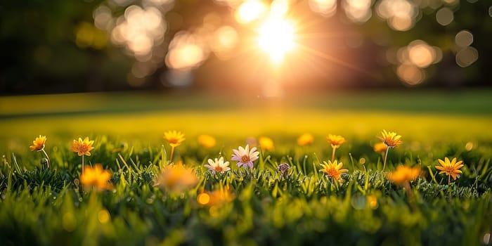 Beautiful spring flowers in the garden with sunlight and bokeh