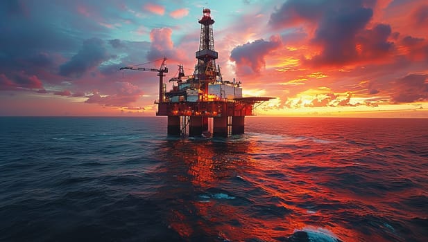Oil and gas platform in sea at sunset