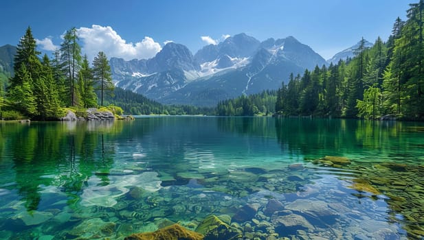 Breathtaking view of a clear lake surrounded by lush green trees with majestic mountains in the background