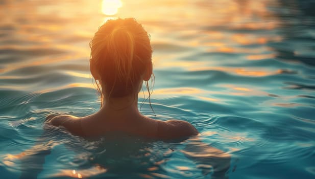 Woman enjoys tranquil pool at sunset