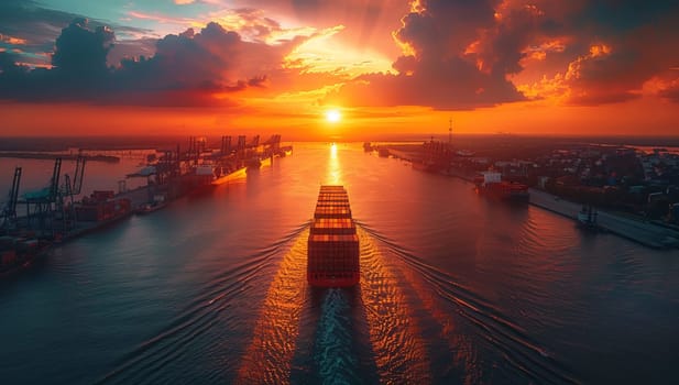 Aerial view of cargo ship in harbor at sunset. Industrial landscape