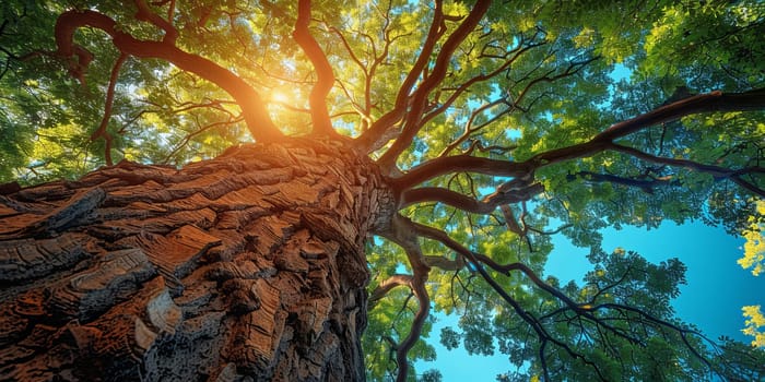 Old big tree in the green forest with sun light and lens flare