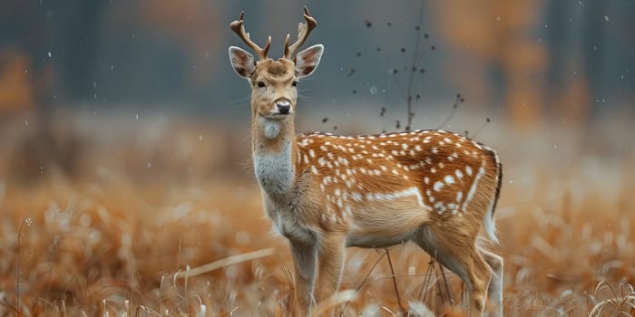 A spotted deer stands alert in a golden field