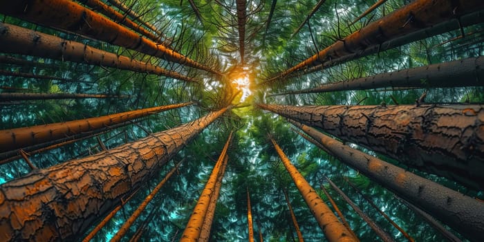 Sunlight pierces through tall pine trees in a dense forest