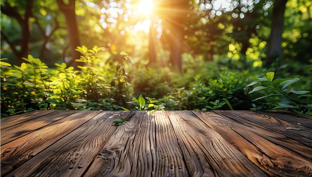 Wooden table in the forest with sunbeams and lens flare