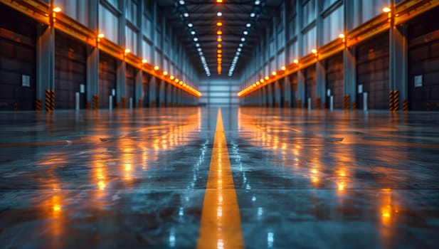Illuminated empty warehouse with reflective floor