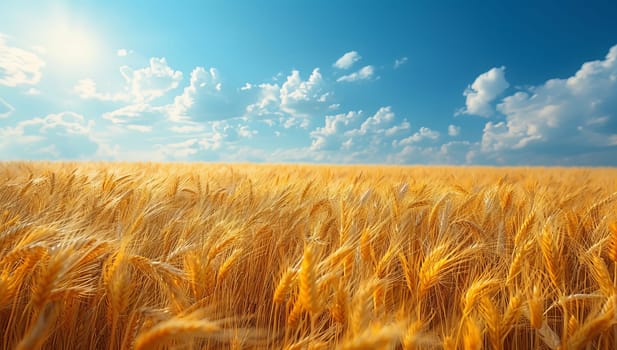 Golden wheat field and blue sky with clouds. Rich harvest Concept.