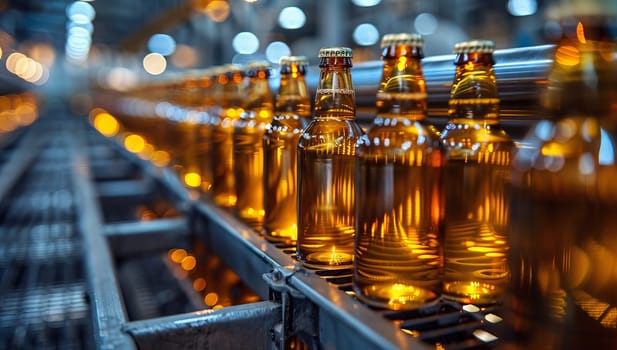 Bottles of beer on the conveyor belt in the factory.