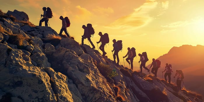 Group of hikers on the mountain top at sunset. Concept of active life