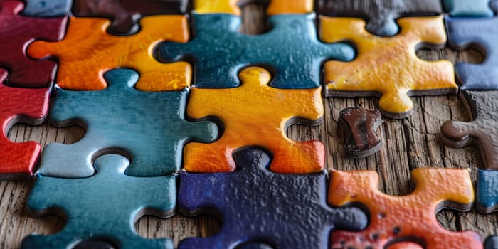 Colorful jigsaw puzzle pieces on old wooden table