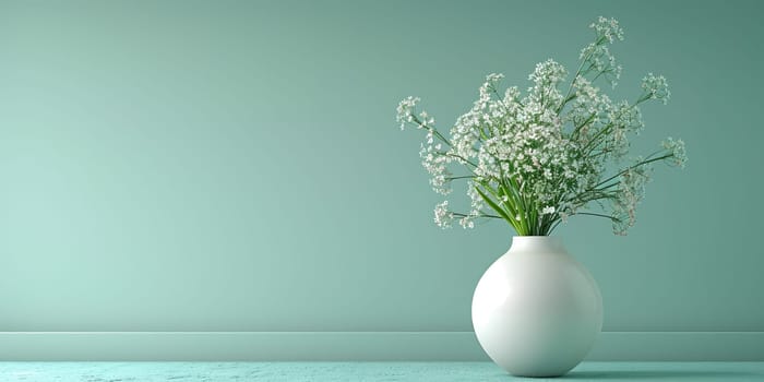 Gypsophila flowers in white vase against green wall
