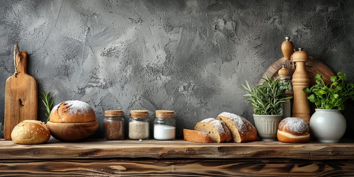 Different types of bread and rolls on wooden table against grey wall background