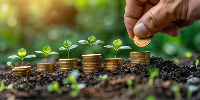 Investing to green business concept,Hand putting coin to money tree growing on coins with sunlight background