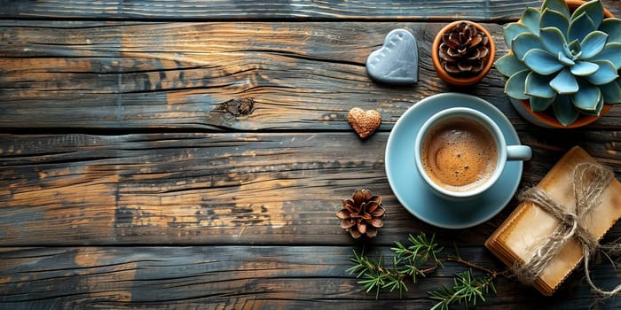 Cup of coffee with succulent and gift box on wooden background