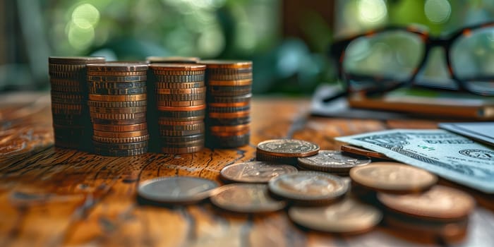 Coins stacked on each other on a wooden table. Business and finance concept.
